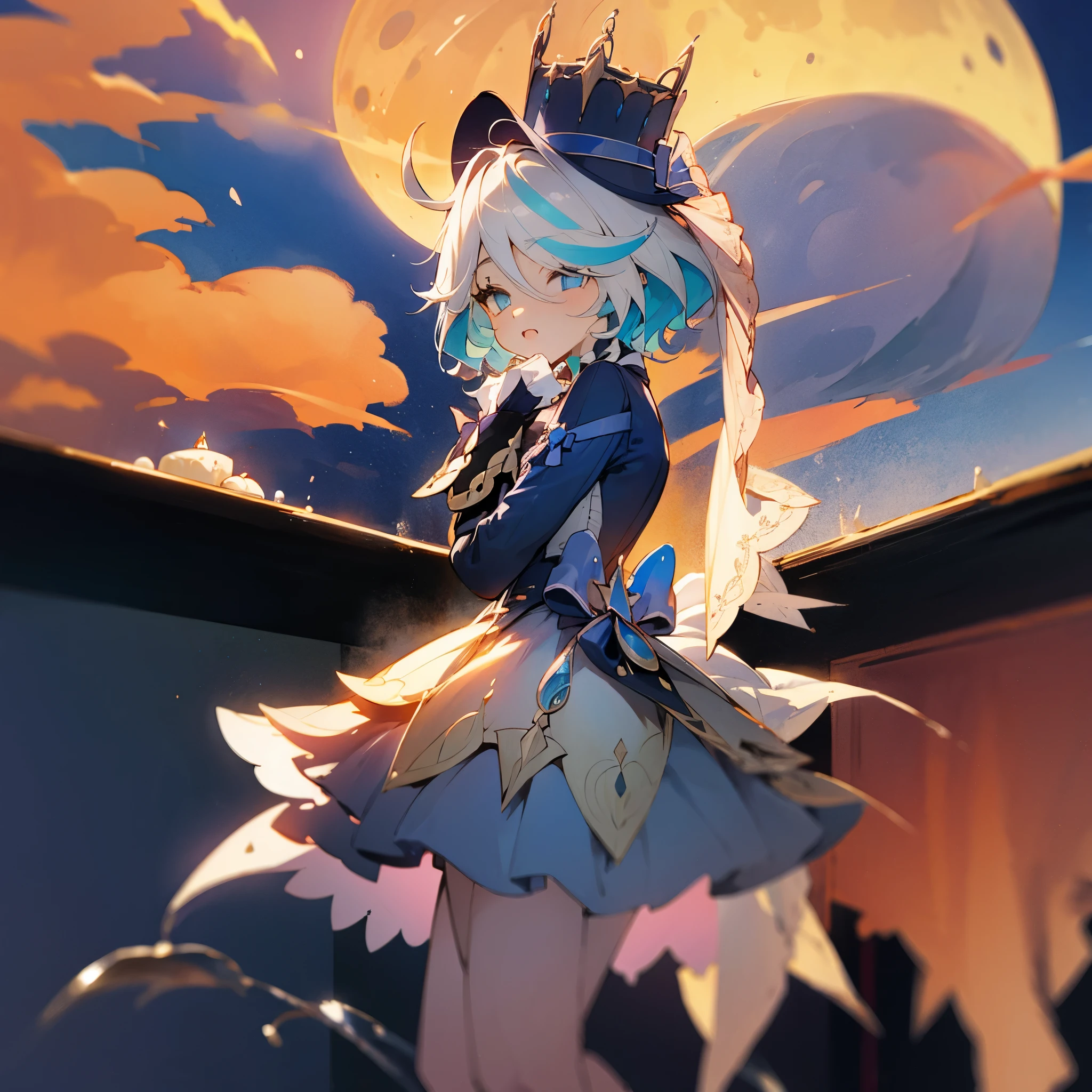 Girl, night time, blue moon, tea, cake