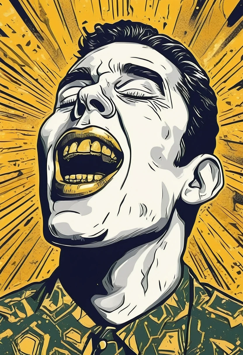 low quality、Pop Art、(One coin)、The coin has a mouth、Only a mouth、Teeth are visible、gold、Logo、central、big、Background is white