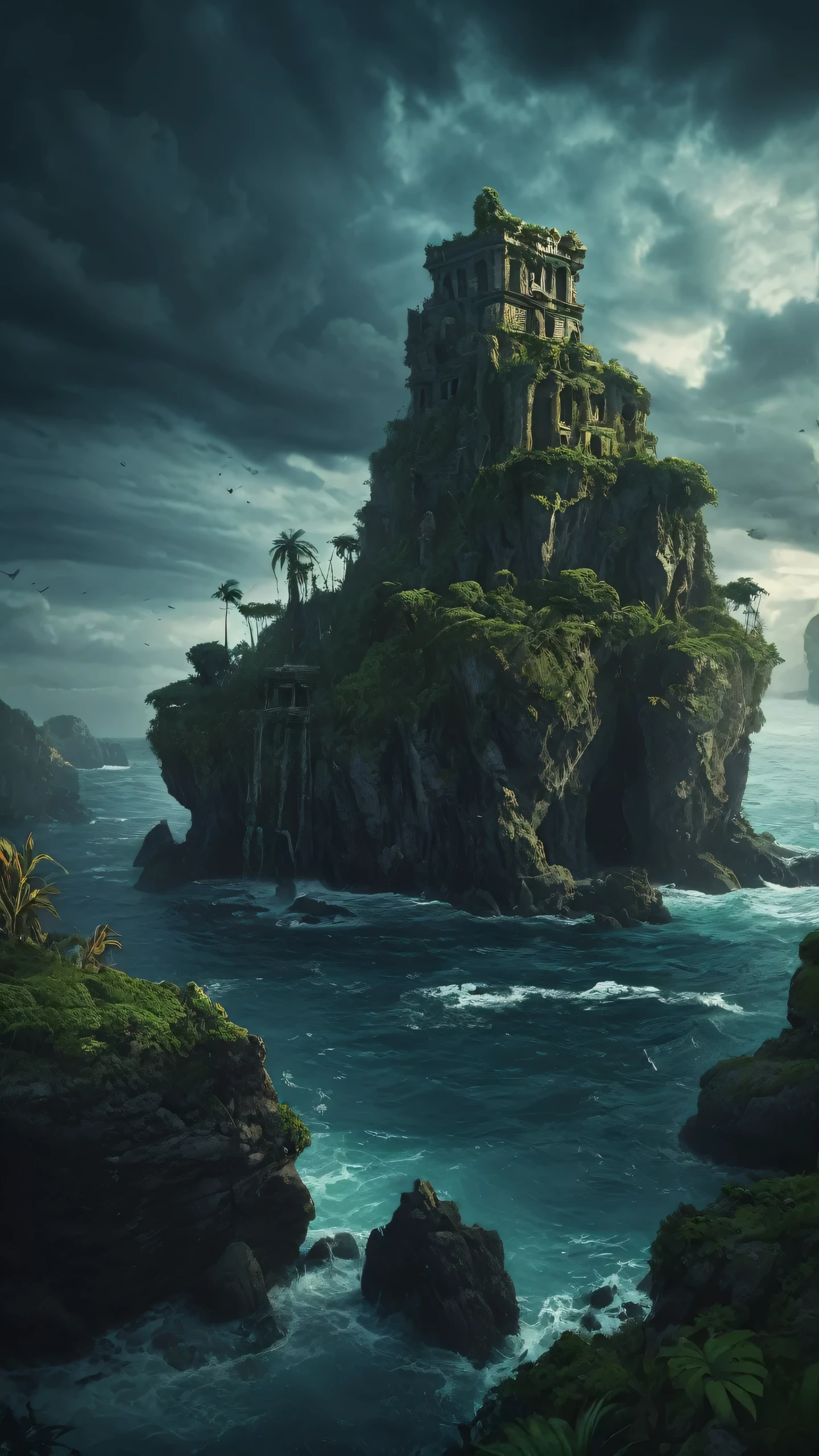 a mysterious island in the middle of the sea, dark magical atmosphere, dramatic lighting, ancient ruins, overgrown with vegetation, glowing magical artifacts, mystical creatures, floating rocks, ominous clouds, dramatic camera angle, cinematic composition, moody color palette, chiaroscuro lighting, ultra-detailed, 8k, photorealistic