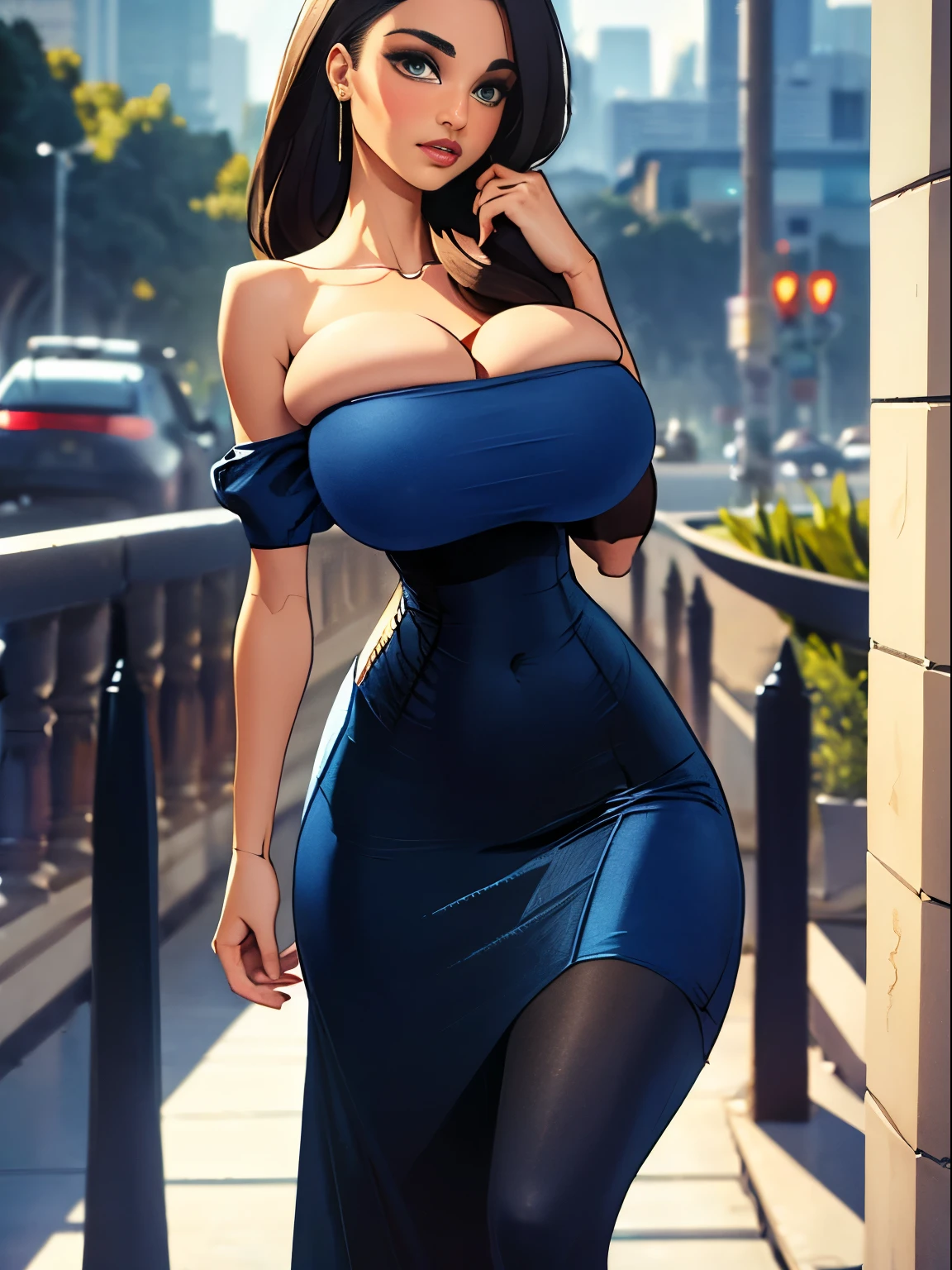 Extremely busty brunette photographer, college girl, fair skin, green eyes, loose updo, (((large nose))), soft face, athletic, ((gigantic boobs)), dark blue dress, tight blue dress, long dress, off-shoulder, strapless, ((sleeveless)), cleavage, balcony, nighttime, (((Balsamique)))