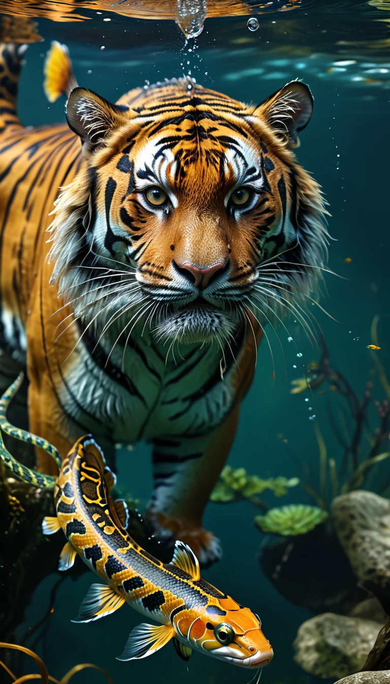 There is a creature in the water，Tiger's head，Fish body，Snake tail(best quality，4K，8k，High level，masterpiece：1.2），Ultra Detailed，（lifelike，Photo real，Photo real：1.37），Highly detailed animals，Complex patterns，Realistic lighting，Fantasy Creatures
