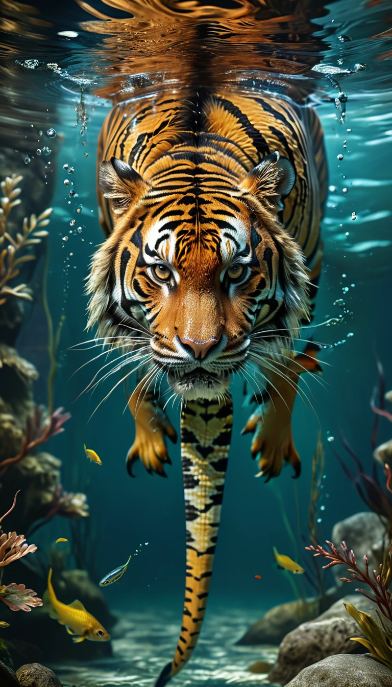 There is a creature in the water，Tiger's head，Fish body，Snake tail(best quality，4K，8k，High level，masterpiece：1.2），Ultra Detailed，（lifelike，Photo real，Photo real：1.37），Highly detailed animals，Complex patterns，Realistic lighting，Fantasy Creatures