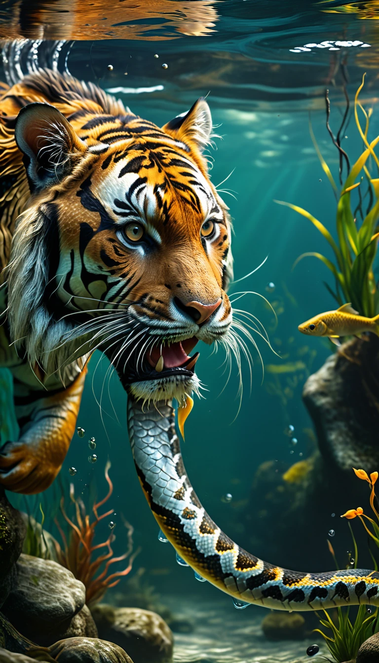 There is a creature in the water，Tiger's head，Fish body，Snake tail(best quality，4K，8k，High level，masterpiece：1.2），Ultra Detailed，（lifelike，Photo real，Photo real：1.37），Highly detailed animals，Complex patterns，Realistic lighting，Fantasy Creatures