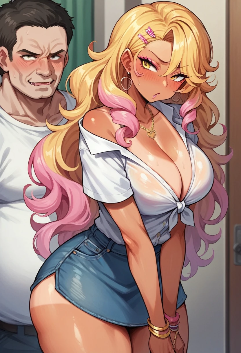 ((sexy girl ,gyaru))nsfw,glamorous, blushing, flushed face, yellow eyes, long curly blonde hair, tan lines, gyaru clothes, gyaru, HUGE titties , HUGE ass , having sex with 3 old men