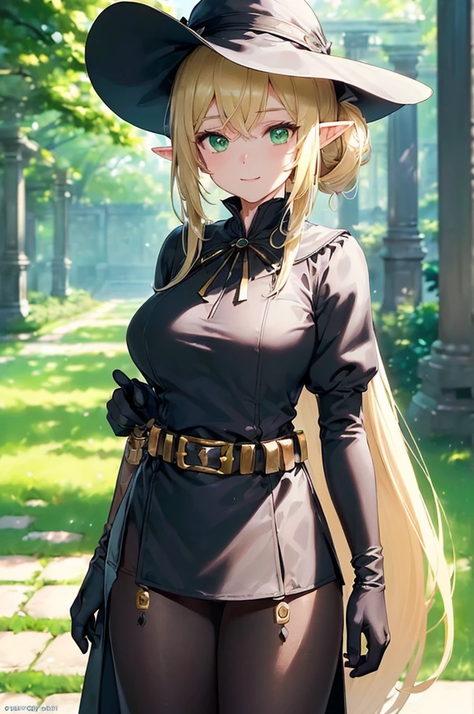 (((masterpiece; best quality: 1.2))), (finely detailed eyes: 1.3), (25 year old elf woman), (solo), (green eyes: 1.4), (body; buxom, fit, femenine: 1.3), (silky blonde hair in low ponytail: 1.3), (beautiful and clear background: 1.2), ((depth of field)), (equipment: adventurer attire + modest + elegant wide-brimmed hat + black blouse + black cape + black long skirt + gloves + belt + pouches: 1.3), (anime illustration: 1.2), (background composition; royal garden: 1.1), (extremely fine and beautiful: 1.1), (shot composition; standing + centered on torso + close-up: 1.5), (expression; calm, smile: 1.2)