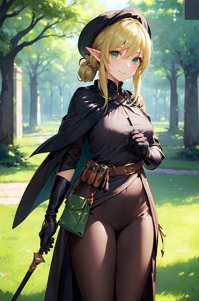 (((masterpiece; best quality: 1.2))), (finely detailed eyes: 1.3), (25 year old elf woman), (solo), (green eyes: 1.4), (body; buxom, fit, femenine: 1.3), (silky blonde hair in low ponytail: 1.3), (beautiful and clear background: 1.2), ((depth of field)), (equipment: adventurer attire + modest + elegant wide-brimmed hat + black blouse + black cape + black long skirt + gloves + belt + pouches: 1.3), (anime illustration: 1.2), (background composition; royal garden: 1.1), (extremely fine and beautiful: 1.1), (shot composition; standing + centered on torso + close-up: 1.5), (expression; calm, smile: 1.2)