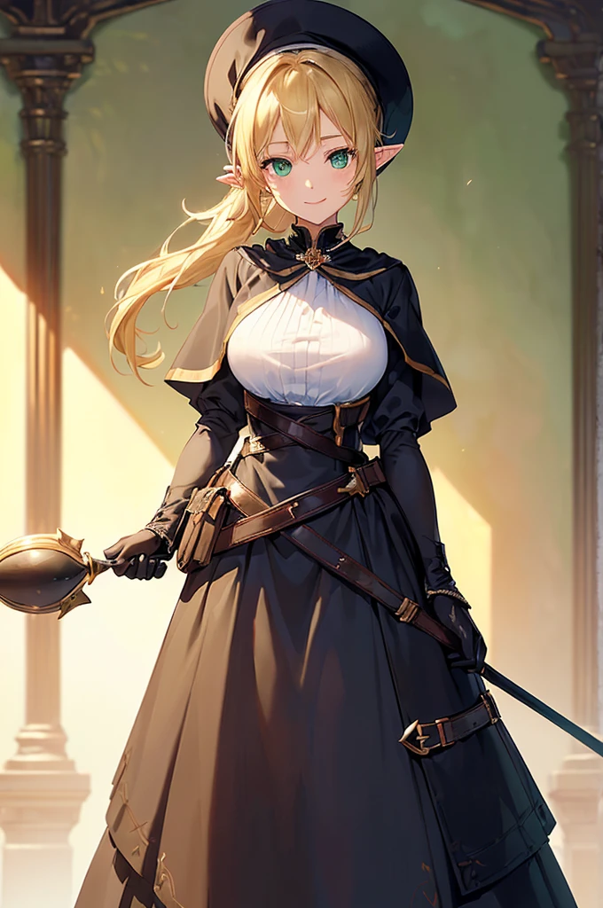 (((masterpiece; best quality: 1.2))), (finely detailed eyes: 1.3), (25 year old elf woman), (solo), (green eyes: 1.4), (body; buxom, fit, femenine: 1.3), (silky blonde hair in low ponytail: 1.3), (beautiful and clear background: 1.2), ((depth of field)), (equipment: adventurer attire + modest + elegant wide-brimmed hat + black blouse + black cape + black long skirt + gloves + belt + pouches: 1.3), (anime illustration: 1.2), (background composition; royal garden: 1.1), (extremely fine and beautiful: 1.1), (shot composition; standing + centered on torso + close-up: 1.5), (expression; calm, smile: 1.2)