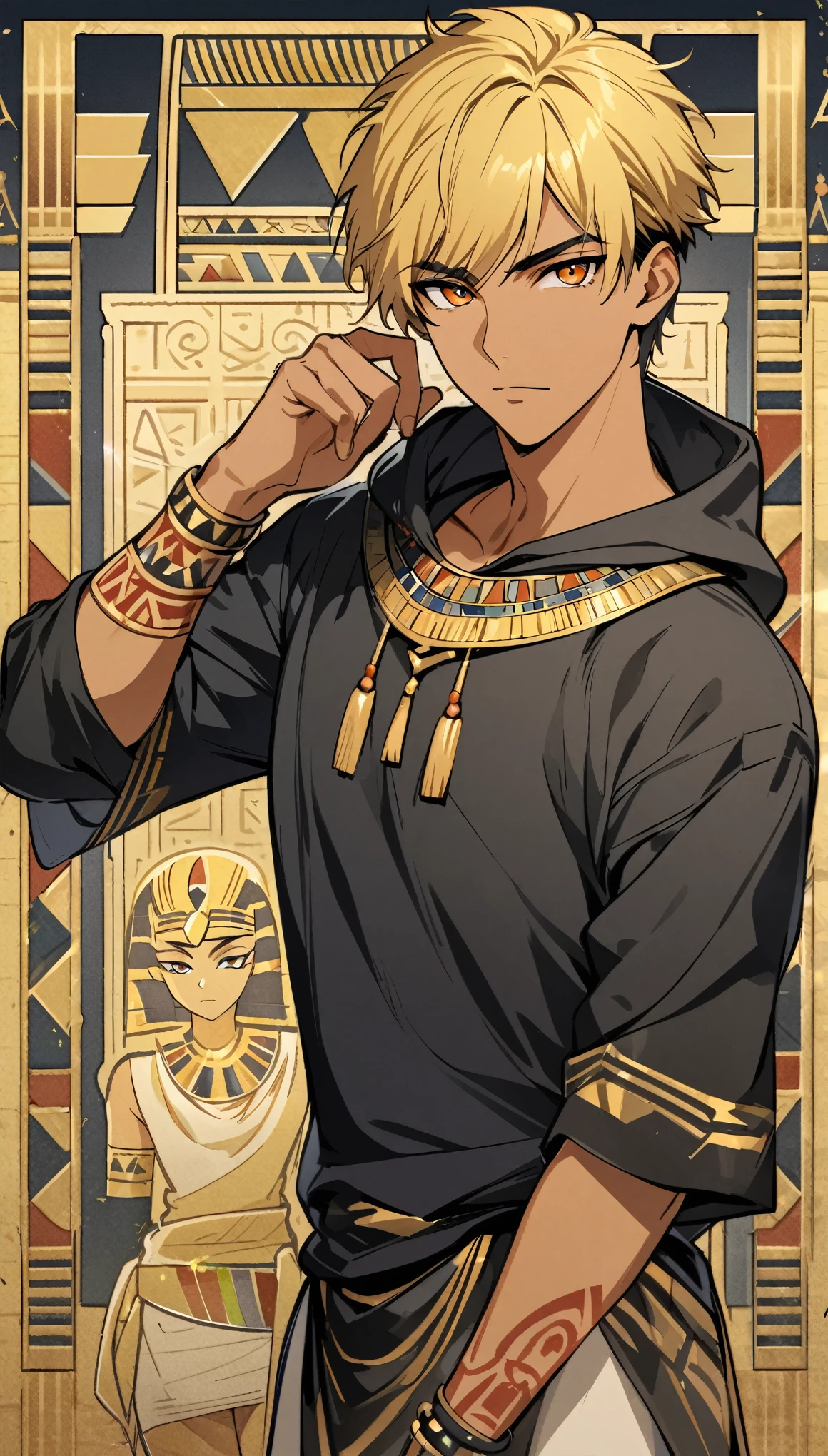 Egyptian Background，Handsome young man, blond, Orange Eyes, short hair, Black Hoodie,high quality, Draw Amount, pixiv illustrations，Tanned skin，Red tattoo on the arm，(Egyptian style，Egyptian Dress Up)