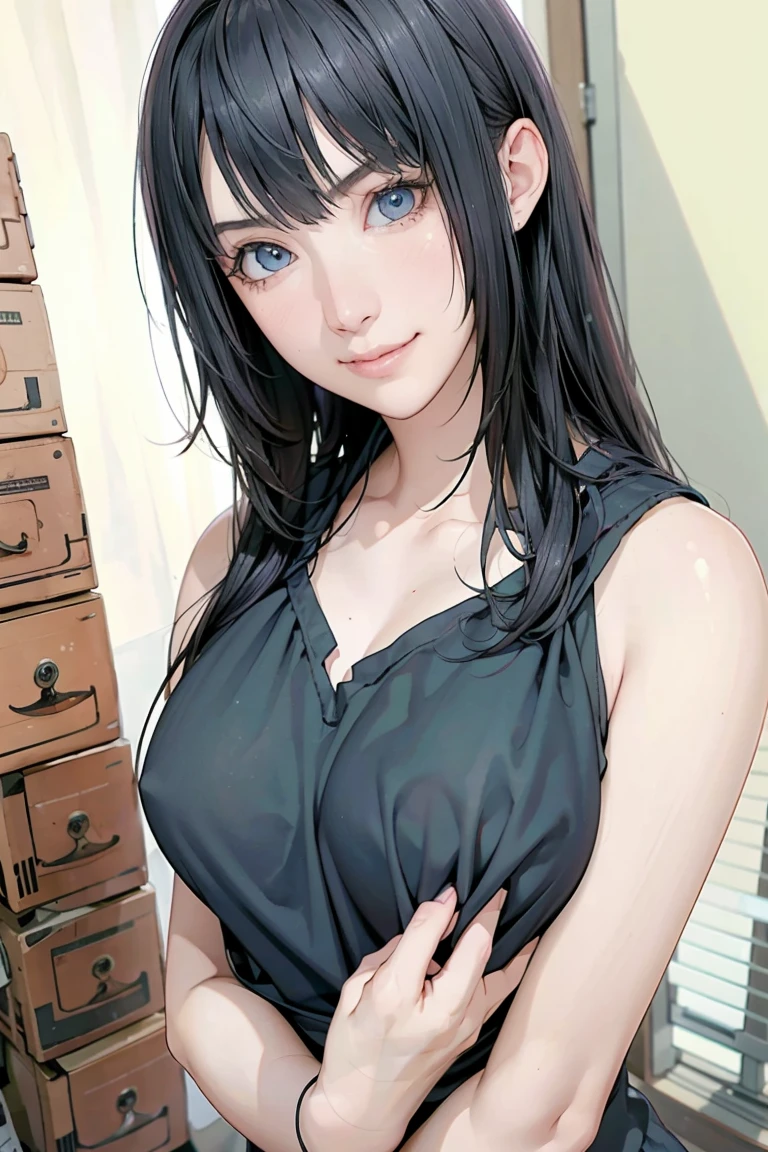 Best quality, masterpiece, ultra high res, (photorealistic:1.37), raw photo, ((Beautiful illustration)), 1girl, long hair, beautifull eyes, beautifull face, detailed eyes and face, blush, t-shirt, dynamic lighting, in the dark, deep shadow, low key, cowboy shot, ((organized fingers)), ((smile)), (((Tank Top, Tense Shirt)))