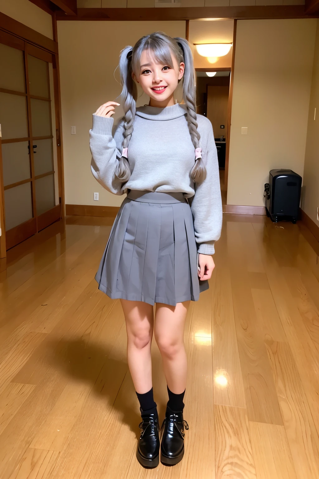 Standing in a large, empty room、Cute grey hair、Young girl with twin tails、Japanese、Makeup and a pretty face like an idol、Smiling、Cute outfitini skirt、Full body portrait