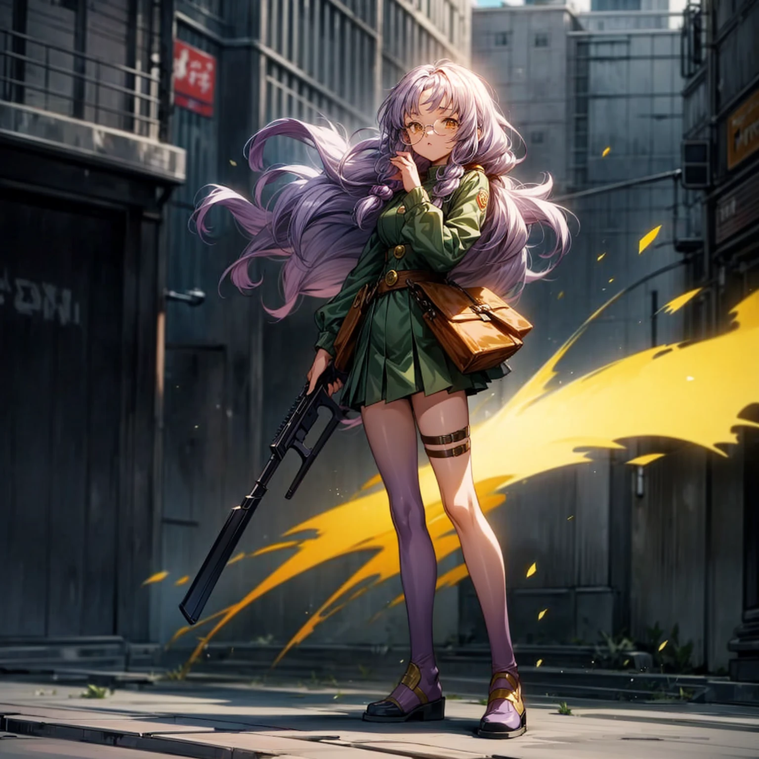 1girl, Full body version, 1character, gold eyes, long Curly haircut, lavender color hair, army style clothing, white glasses, Grassroots, background in city street, motion blur, (dragon ball style art), Gesture standing, shotgun in hand
