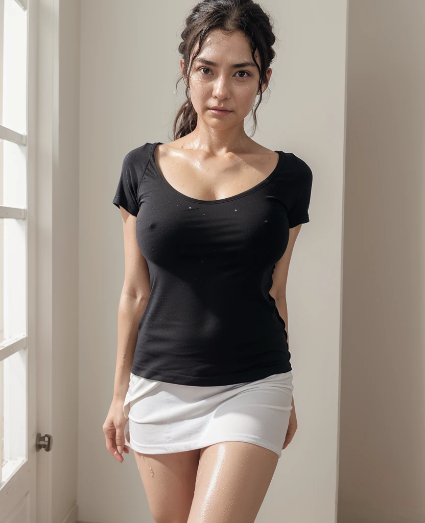 Real photo, highest quality, (Highly detailed CG Unity 8K wallpaper), (highest quality),edge orgasm、((Full body shot))、woman with edge face、46 years old、black medium hair、bathroom、((Sweat)),((Sweat and glowing skin))((Sweat makes your collarbone shine,A face that shines with sweat)),((Sweaty skin))((Sweaty skin)), big breasts、drop blouse, white blouse、Tight Skirt,