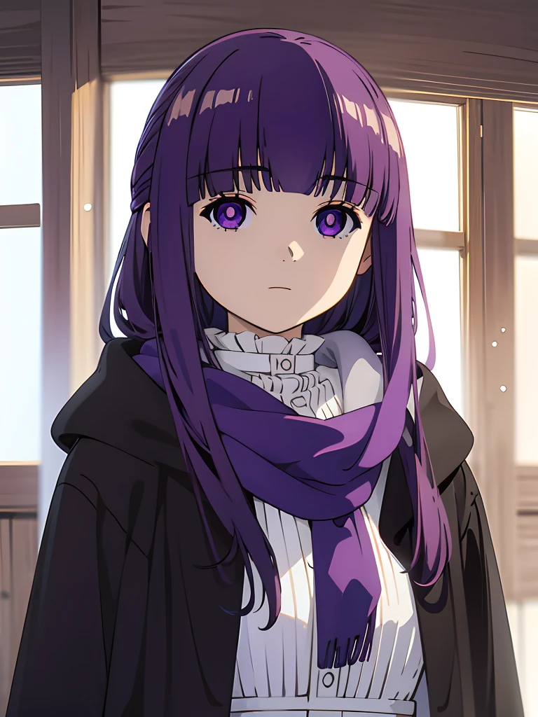 best quality, masterpiece, highres, solo, (fern_sousounofrieren:1.10), 1girl, closed mouth, purple scarf, coat, upper body, expressionless, looking at viewer, purple pupils, blue scarf, indoors, anime_style, 10