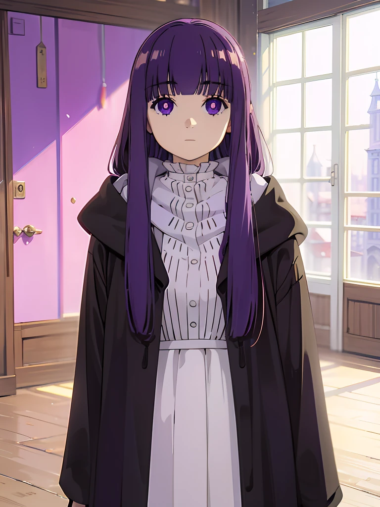 best quality, masterpiece, highres, solo, (fern_sousounofrieren:1.10), 1girl, closed mouth, purple scarf, coat, upper body, expressionless, looking at viewer, purple pupils, blue scarf, indoors, anime_style, 10