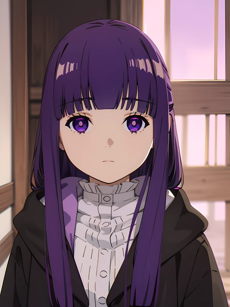 best quality, masterpiece, highres, solo, (fern_sousounofrieren:1.10), 1girl, closed mouth, purple scarf, coat, upper body, expressionless, looking at viewer, purple pupils, blue scarf, indoors, anime_style, 10