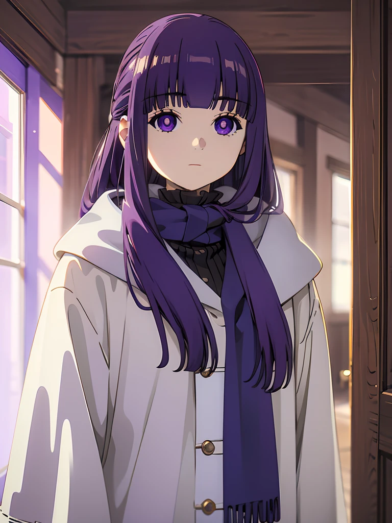 best quality, masterpiece, highres, solo, (fern_sousounofrieren:1.10), 1girl, closed mouth, purple scarf, coat, upper body, expressionless, looking at viewer, purple pupils, blue scarf, indoors, anime_style, 10