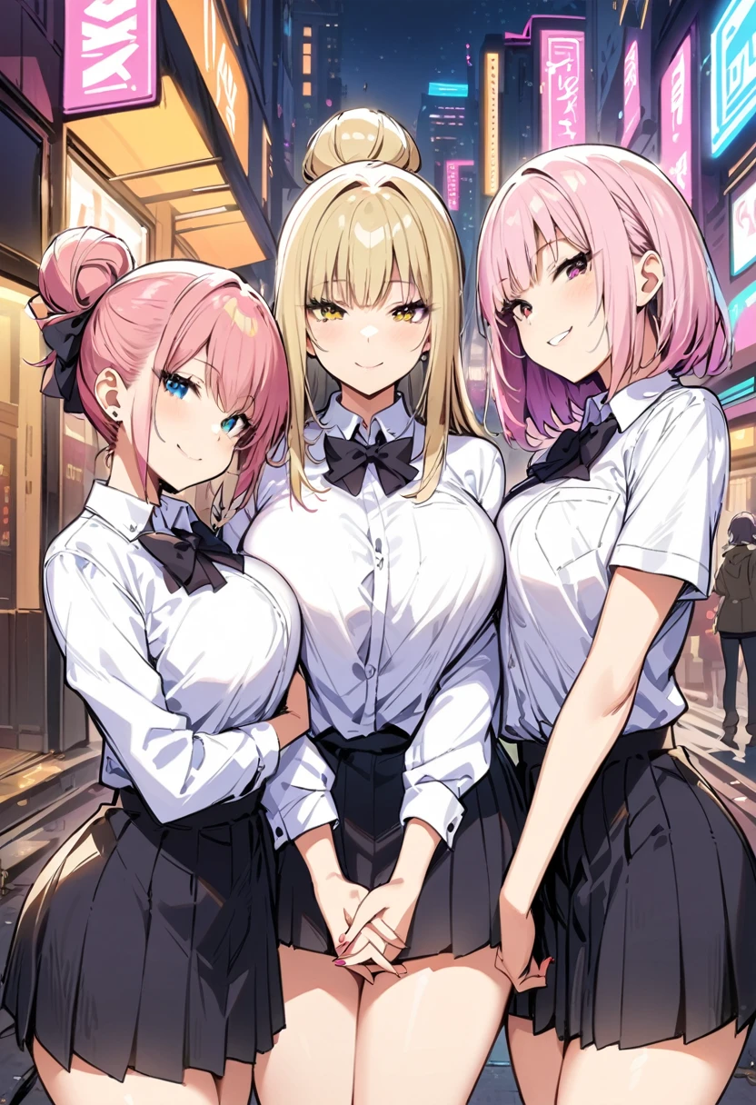 Cyberpunk City, street, night, Neon Light, Neon Signs, masterpiece, Highest quality, High resolution, JK,Huge ,Three Girls,black bow,black bowtie,Blonde,bow,bowtie,chest,Hair Bun,Hand in hand,Intertwined fingers,Long Hair,View your viewers,Multiple Girls,Pink Hair,pleated skirt,Tucked in shirt,short hair,skirt,smile,Tent shirt