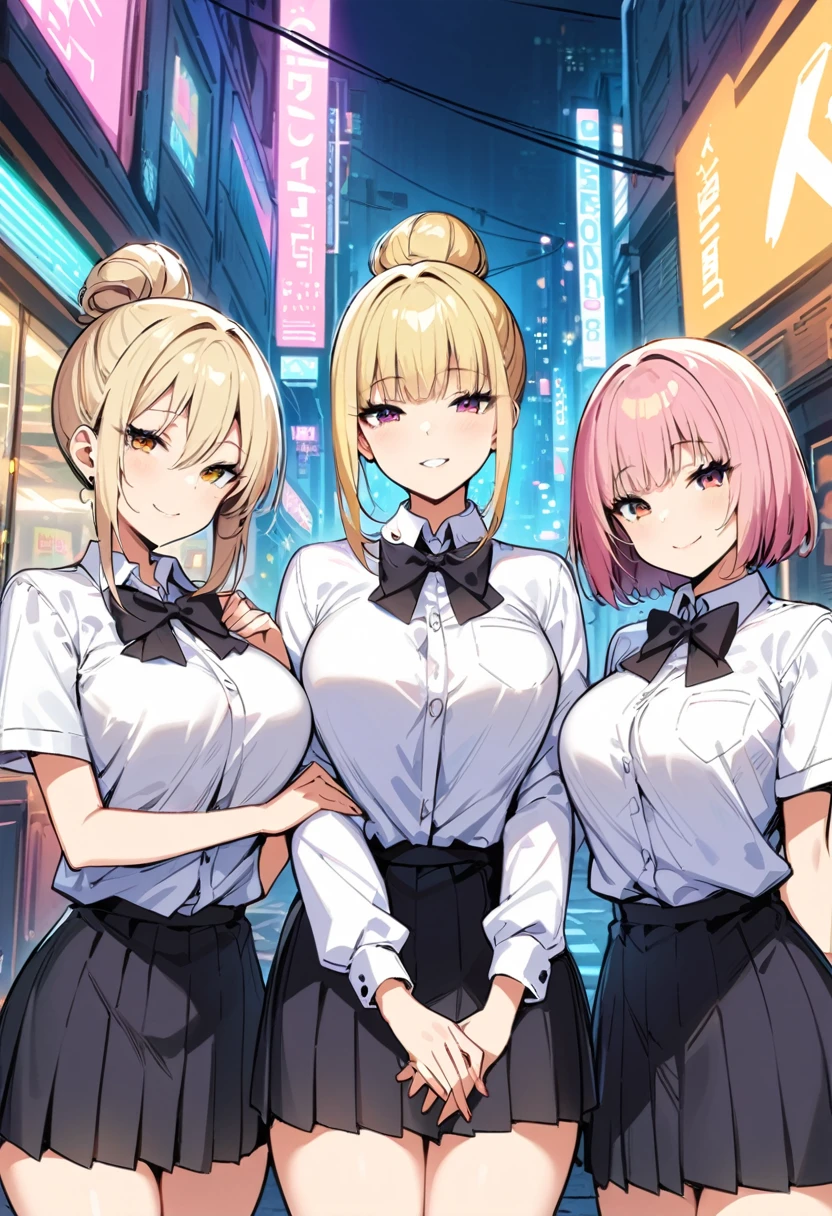Cyberpunk City, street, night, Neon Light, Neon Signs, masterpiece, Highest quality, High resolution, ＪＫ,Huge ,Three Girls,black bow,black bowtie,Blonde,bow,bowtie,chest,Hair Bun,Hand in hand,Intertwined fingers,Long Hair,View your viewers,Multiple Girls,Pink Hair,pleated skirt,Tucked in shirt,short hair,skirt,smile,Tent shirt