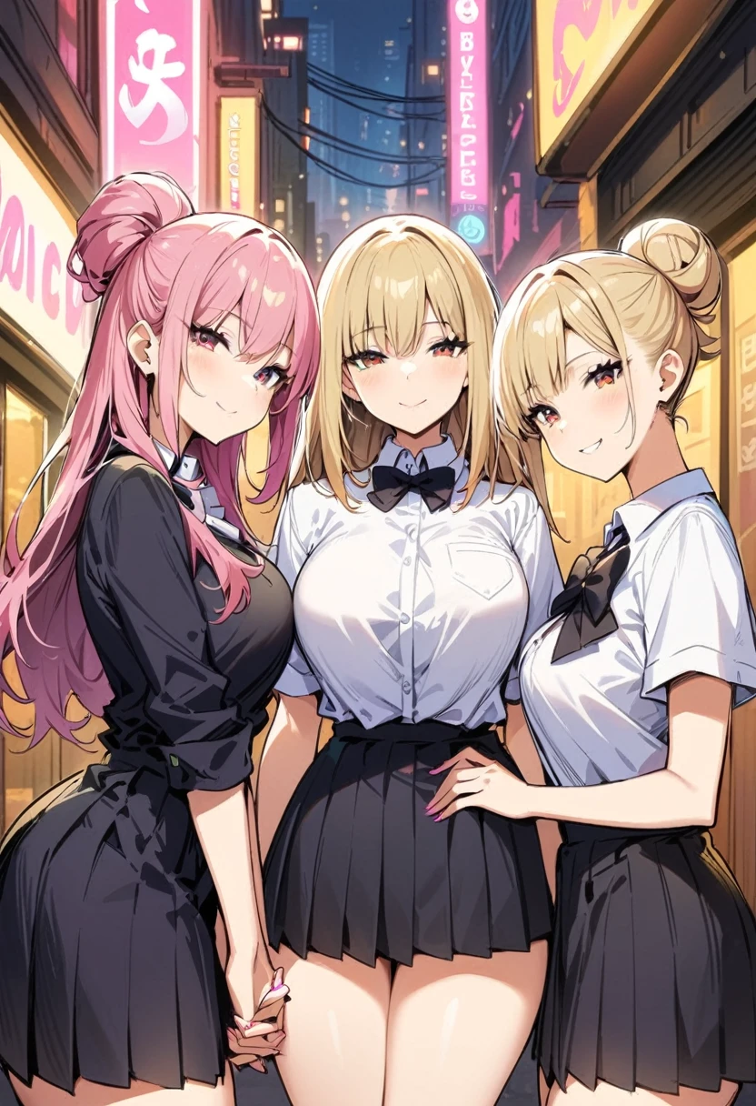 Cyberpunk City, street, night, Neon Light, Neon Signs, masterpiece, Highest quality, High resolution, JK,Huge ,Three Girls,black bow,black bowtie,Blonde,bow,bowtie,chest,Hair Bun,Hand in hand,Intertwined fingers,Long Hair,View your viewers,Multiple Girls,Pink Hair,pleated skirt,Tucked in shirt,short hair,skirt,smile,Tent shirt
