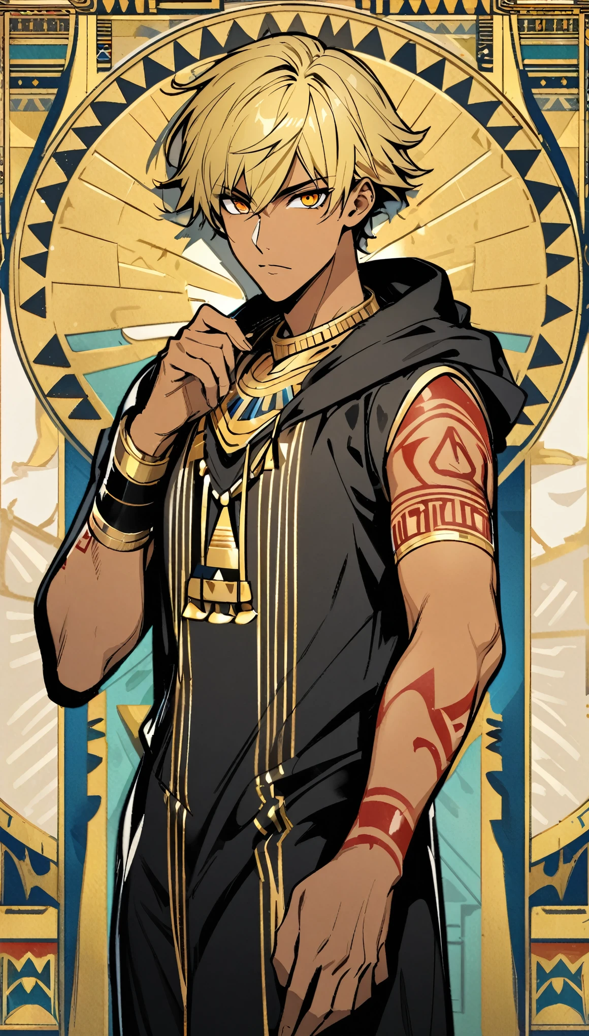 Egyptian Background,Handsome young man, blond, Orange Eyes, short hair, Black Hoodie,high quality, Draw Amount, pixiv illustrations,Tanned skin,Red tattoo on the arm,(Egyptian style,Egyptian Dress Up)
