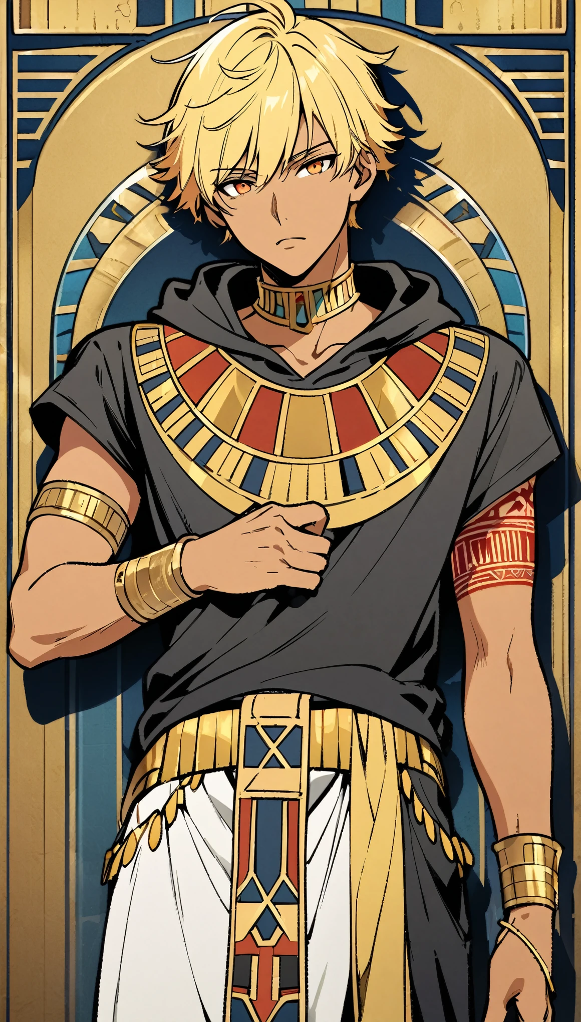 Egyptian Background，Handsome young man, blond, Orange Eyes, short hair, Black Hoodie,high quality, Draw Amount, pixiv illustrations，Tanned skin，Red tattoo on the arm，(Egyptian style，Egyptian Dress Up)