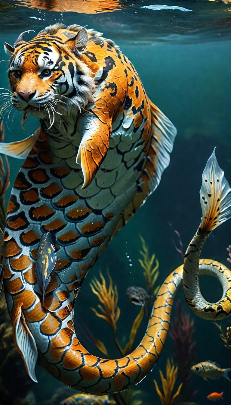 There is a creature in the water，Tiger's head，Fish body，Snake tail(best quality，4K，8k，High level，masterpiece：1.2），Ultra Detailed，（lifelike，Photo real，Photo real：1.37），Highly detailed animals，Complex patterns，Realistic lighting，Fantasy Creatures