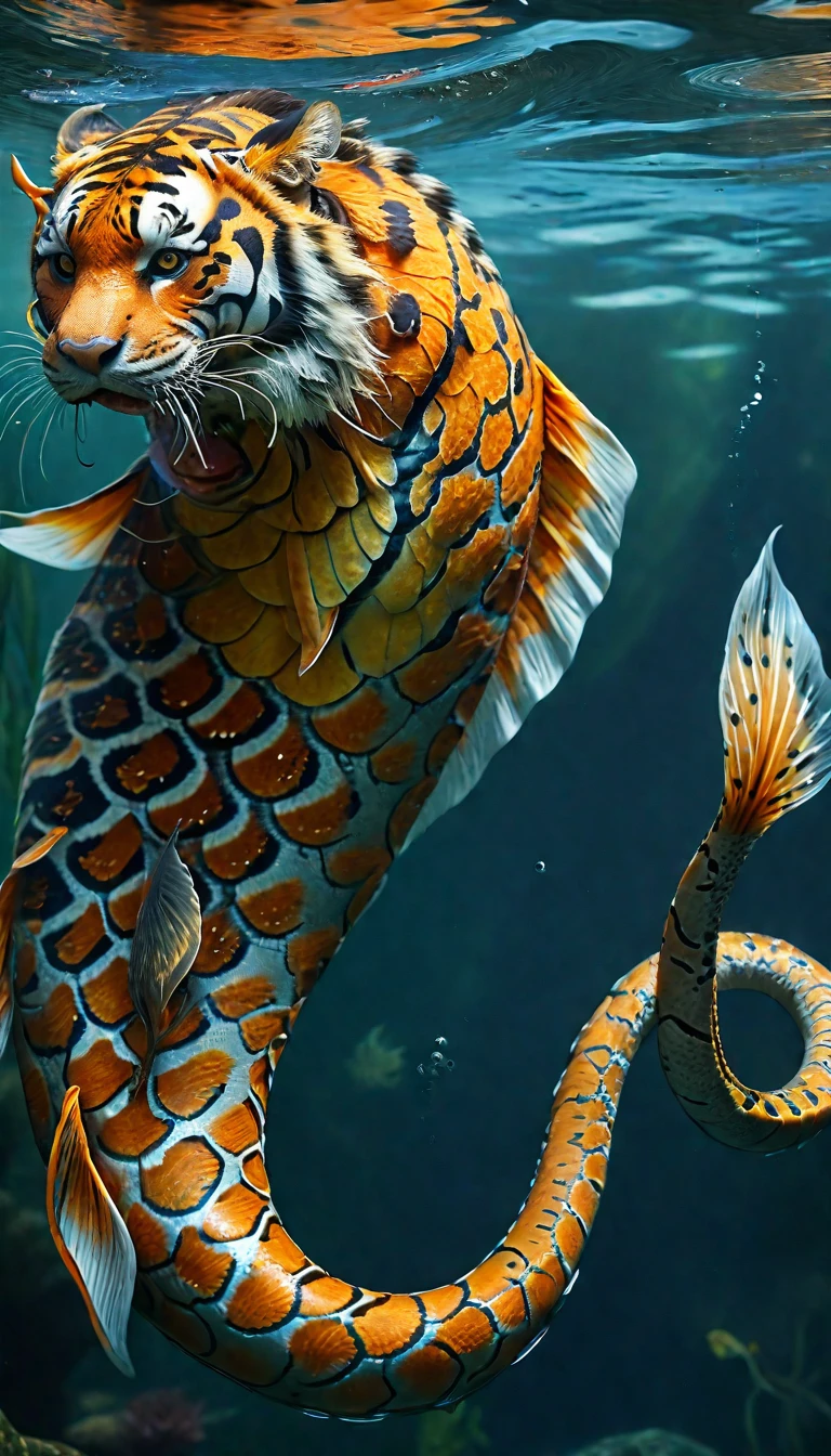 There is a creature in the water，Tiger's head，Fish body，Snake tail(best quality，4K，8k，High level，masterpiece：1.2），Ultra Detailed，（lifelike，Photo real，Photo real：1.37），Highly detailed animals，Complex patterns，Realistic lighting，Fantasy Creatures