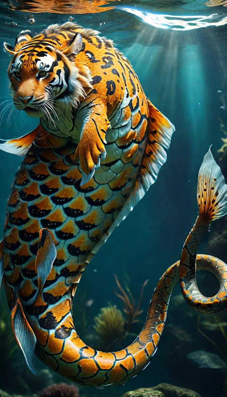 There is a creature in the water，Tiger's head，Fish body，Snake tail(best quality，4K，8k，High level，masterpiece：1.2），Ultra Detailed，（lifelike，Photo real，Photo real：1.37），Highly detailed animals，Complex patterns，Realistic lighting，Fantasy Creatures