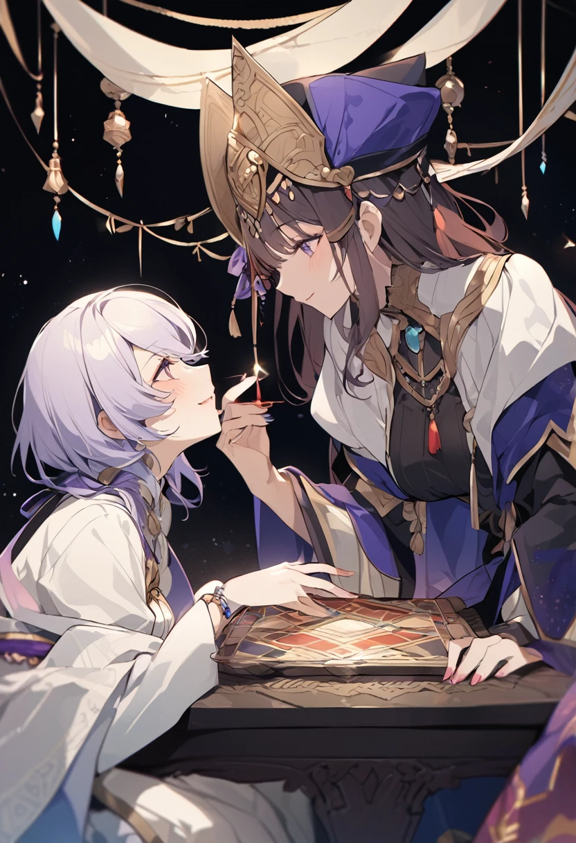 An image of a dignified female fortune teller talking face to face about love fortune telling