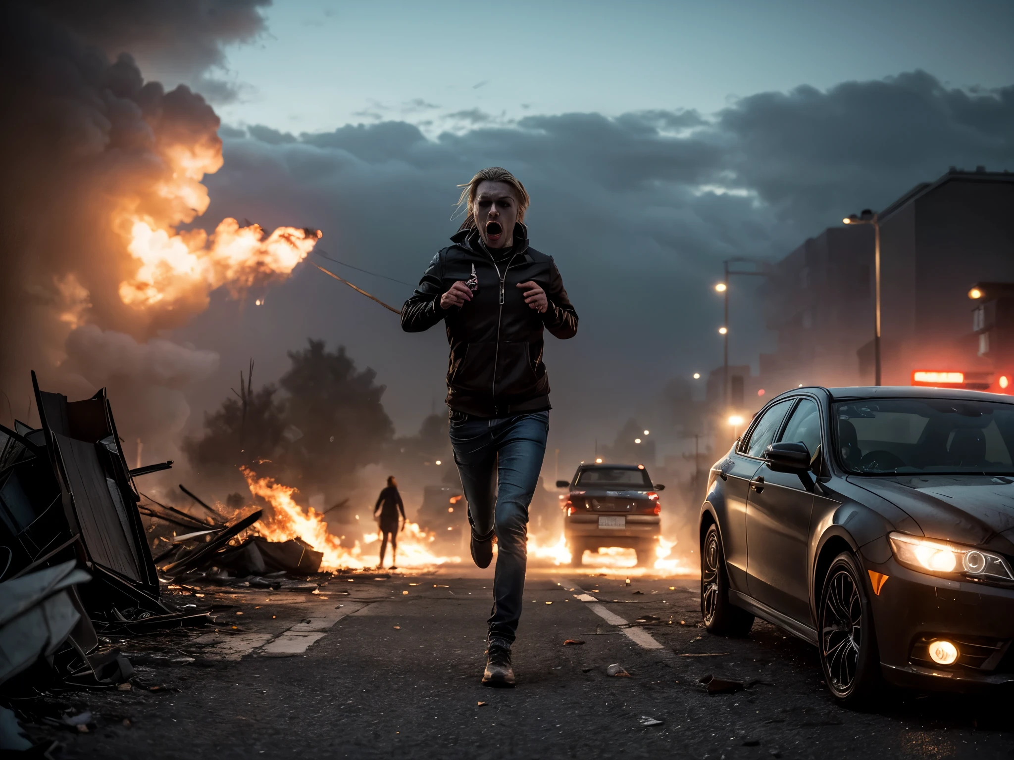 (A low angle shot), (low angle shot), (((1 beautiful blonde woman, terrified expression, running in a future post apocalyptic street))), torn and ripped open denim jacket, dirty, grimy skin, ripped jeans, surrounding buildings heavily damaged, car wrecks, rubble, raining, fire, smoke, (((in the distance an angry zombie mob))), photo realistic, cinematic, masterpiece. [The character is surrounded by mist, evoking a mysterious and eerie atmosphere. The lighting is dark and atmospheric, with smoke adding a touch of sinister ambiance. Best quality image, HDR enhancement, showcasing the utmost level of detail and realism, full body shot:1.5]. [8K, Best Quality, Ultra High Resolution, (highly detailed CG unity 8k wallpaper), (best photo), cry, (best shadows), isometric 3D, octane rendering, ray tracing, highly detailed, (Best quality, 4K, 8k:1.2), absurdity, ultra detailed, (realistic, photorealistic, photorealistic:1.37), complex parts, HDR, (complex parts:1.12), (hyper detailed, hyper realistic, Soft lighting, spicy:1.2), (complex parts, Hyper detailed:1.15). Blurred foreground. (backlit), masterpiece, high quality, brightness, chromatic aberration, foggy smoke, shadows, ontrast, clear sky, (warm hue, warm tone), high details, natural reflections]. (YES SFW)