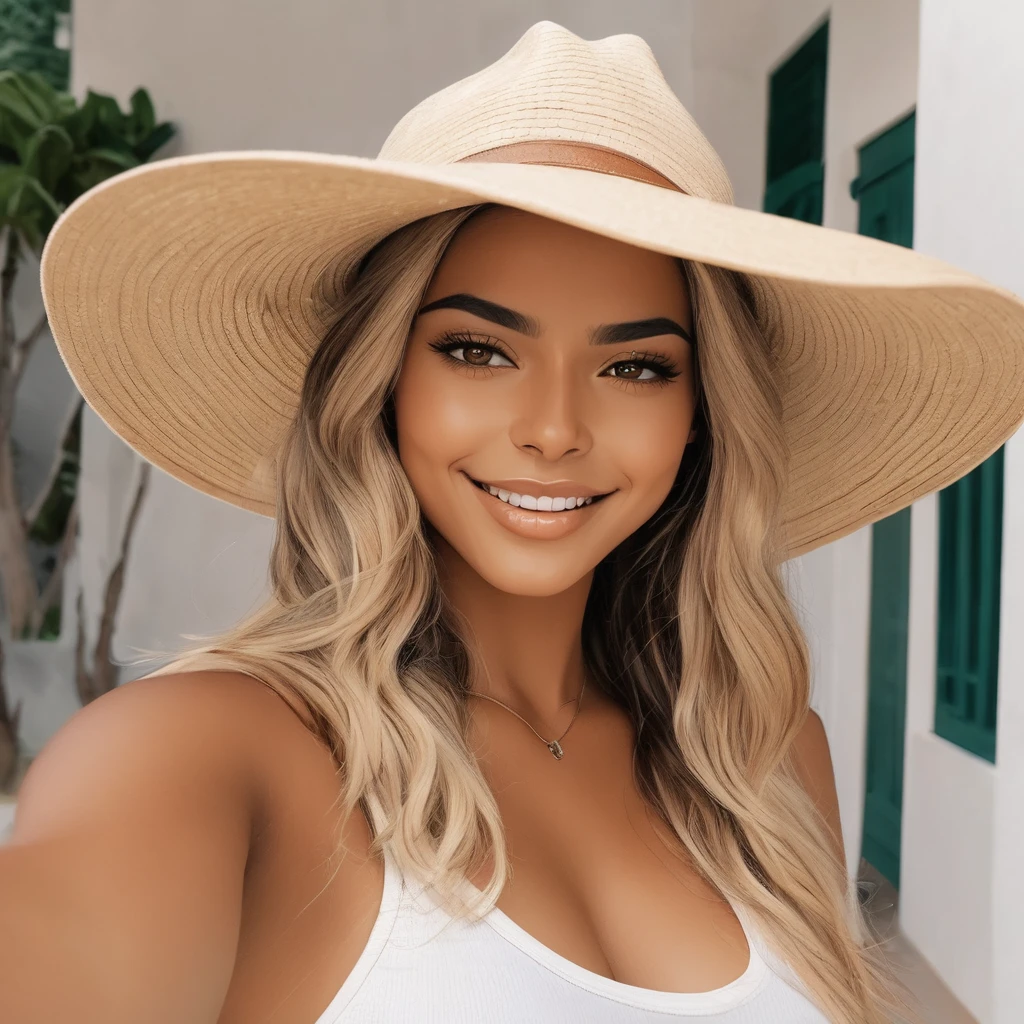 Beautiful latin american woman with tanned skin, freckles in her face, platinum blonde long hair, wearing a stylish beach outfit, minishorts, sunhat, (1 Girl), (Full Body), Beautiful face, smiling, taking a selfie pose, ((Perfect face)), ((hyper bronze skin)), ((tan skin)), natural light, beautiful lighting, beautiful colors, semi realistic style, ((Beautiful detailed eyes)), ((Beautifull detailed face)), ((high detail)), ((High Definition)), (Flat Colors), (Celshading), (Illustration style), ((Lineart)), ((Perfect Lines))