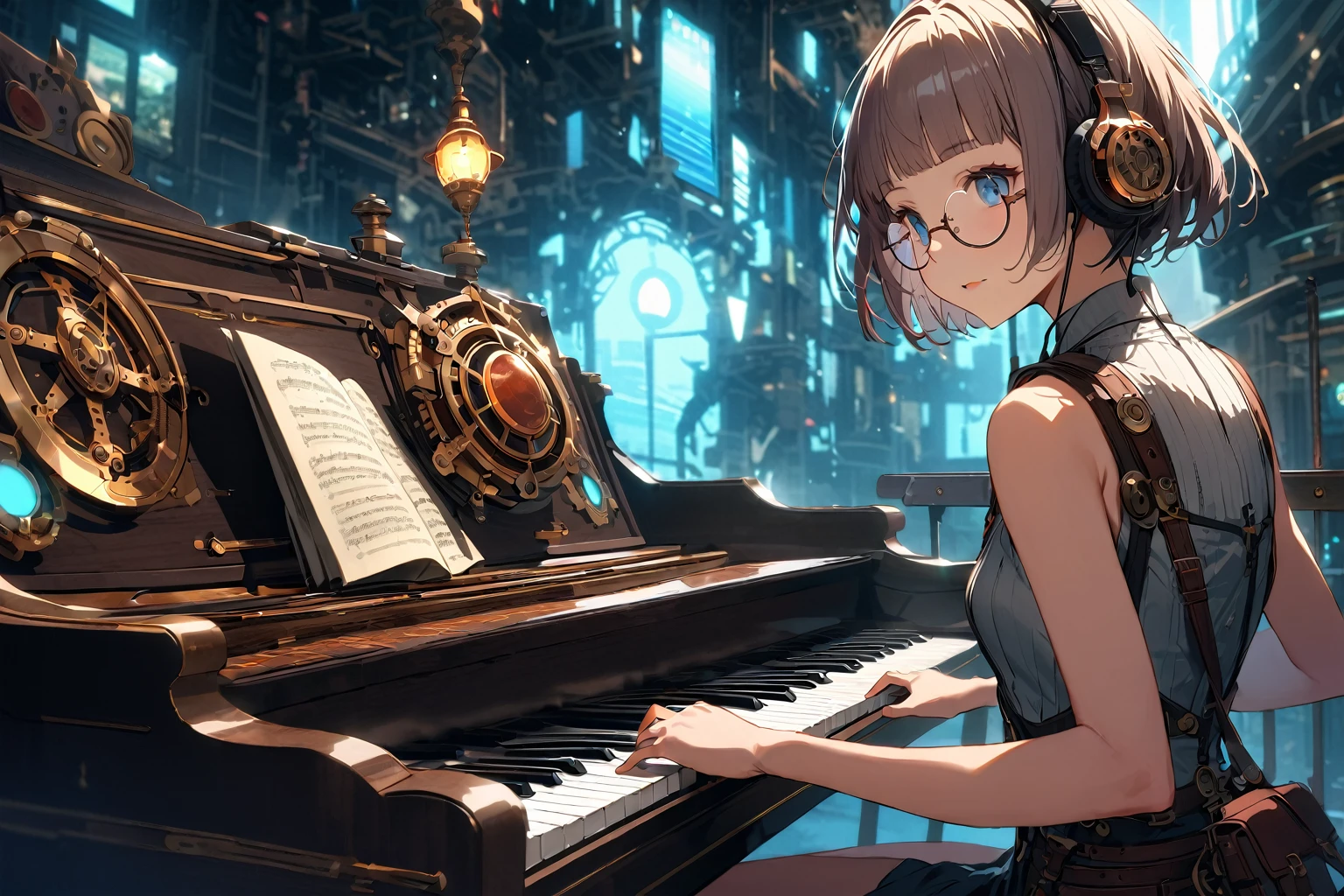 (extremely detailed fine touch:1.3), (((semi-rimless round eyewear:1.3))), (headphone:1.2), short hair, blunt bangs, 1girl, solo, bare arms, steampunk, futuristic, playing_piano, steampunk-inspired_piano, blue_glowing_tones, glowing_elements, musical_notes,