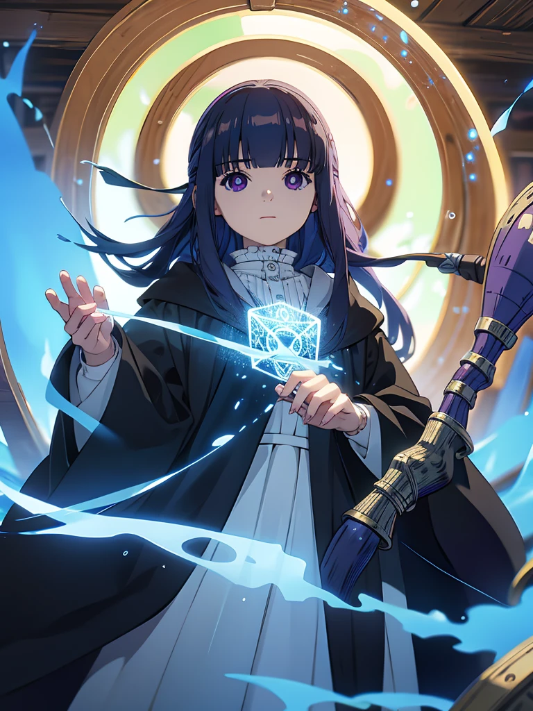 1girl,fern,fern_clothes,looking at viewer,half-closed eyes,reflection,floating,wooden staff,magic,black robe,from below,magic circle,(magic shield:1.1),a lot of hexagon,upper_body, (masterpiece:1.0),(best_quality:1.0), ultra high res,4K,ultra-detailed, photography, 8K, HDR, highres,