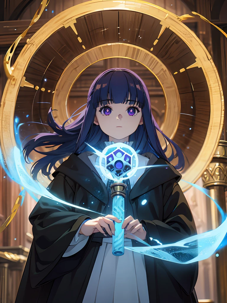 1girl,fern,fern_clothes,looking at viewer,half-closed eyes,reflection,floating,wooden staff,magic,black robe,from below,magic circle,(magic shield:1.1),a lot of hexagon,upper_body, (masterpiece:1.0),(best_quality:1.0), ultra high res,4K,ultra-detailed, photography, 8K, HDR, highres,