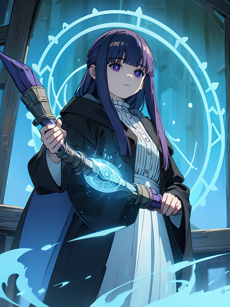 1girl,fern,fern_clothes,looking at viewer,half-closed eyes,reflection,floating,wooden staff,magic,black robe,from below,magic circle,(magic shield:1.1),a lot of hexagon,upper_body, (masterpiece:1.0),(best_quality:1.0), ultra high res,4K,ultra-detailed, photography, 8K, HDR, highres,
