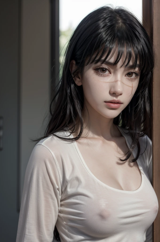 Yoru from chainsaw man, realistic, age 25, pure white skin, brown eyes, long black bob hair, perfect face, perfect size body, perfect large breasts, ultra realistic, black long sleeve dress, 8k hd, detailed, posing to viewer.