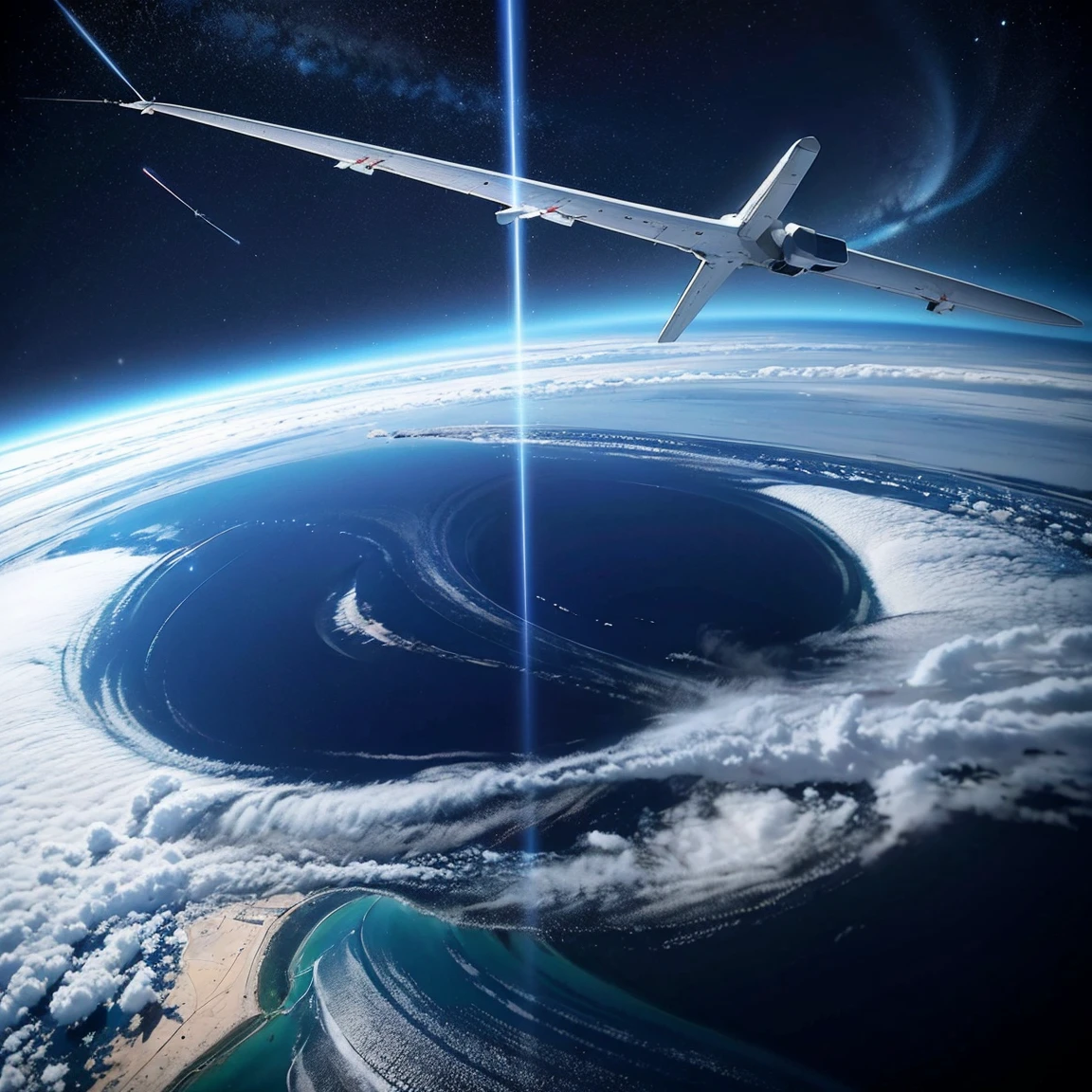 Three satellites flying above the Earth，One near，Two in the distance，They are connected by curved blue optical fibers.，The screen needs to be technologically advanced，High-definition quality，High-quality posters，