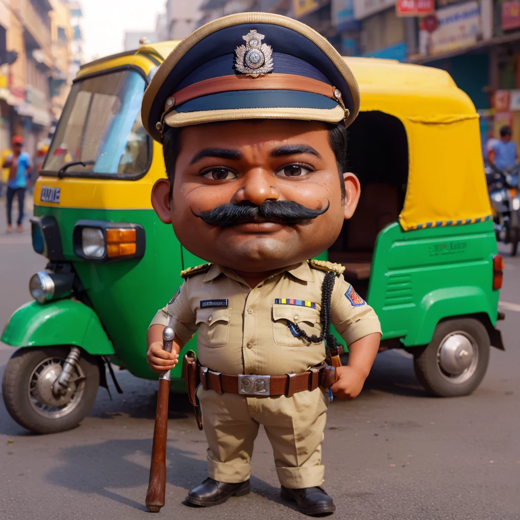 Realistic 3D caricature photo, an Indian police man, slightly fat, with slightly dark skin, wearing an Indian police uniform, holding a baton, typical Indian mustache, standing in front of a green and yellow three-wheeler bajaj, Indian street background.