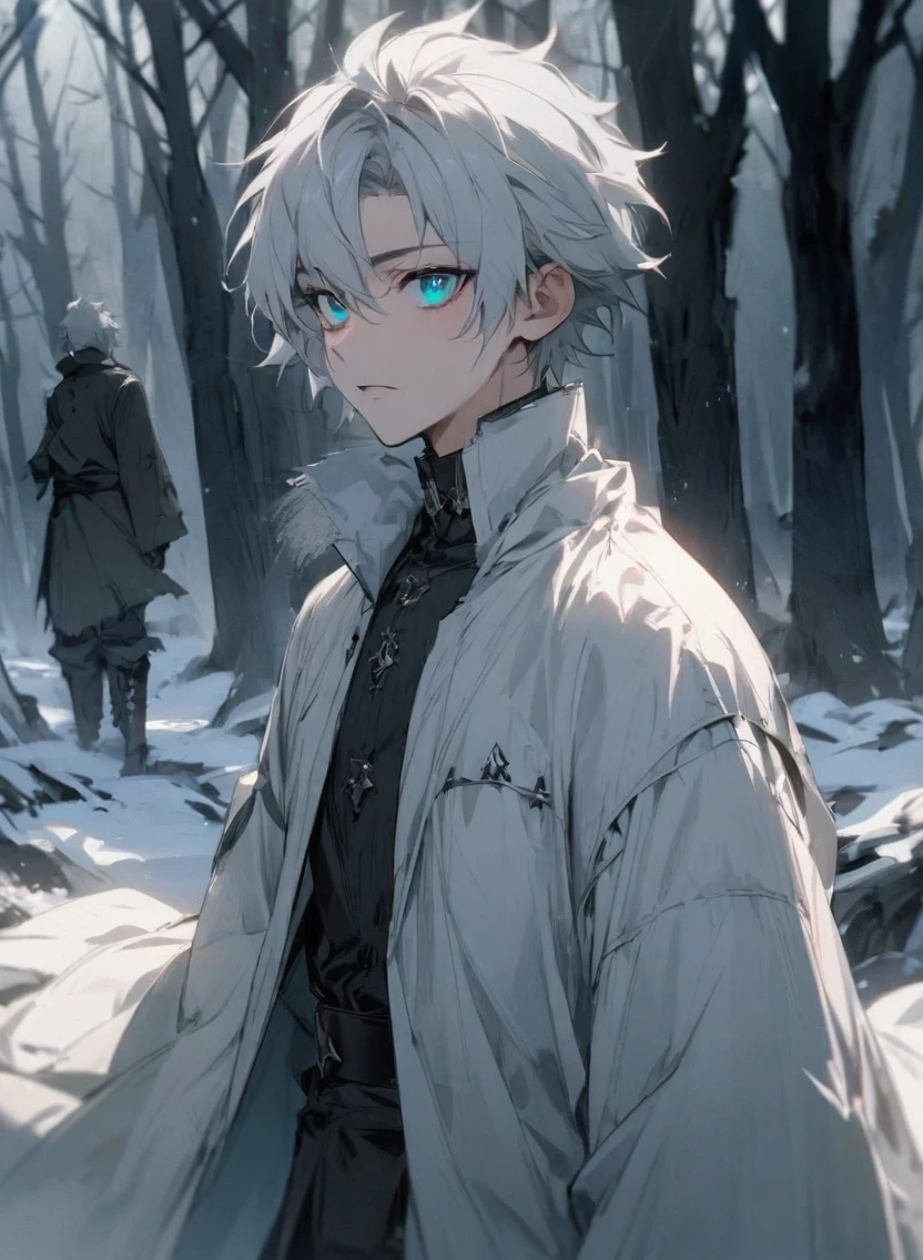 young man ,Male Dark, dark Woods, cold gray colors, man white hair with blue eye have pandaeyes, Warlock dnd , Skeleton army in background