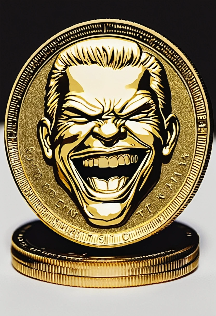 low quality、Pop Art、(One coin)、The coin has a mouth、Only a mouth、Teeth are visible、gold、Logo、central、big、Background is white、Don't include humans