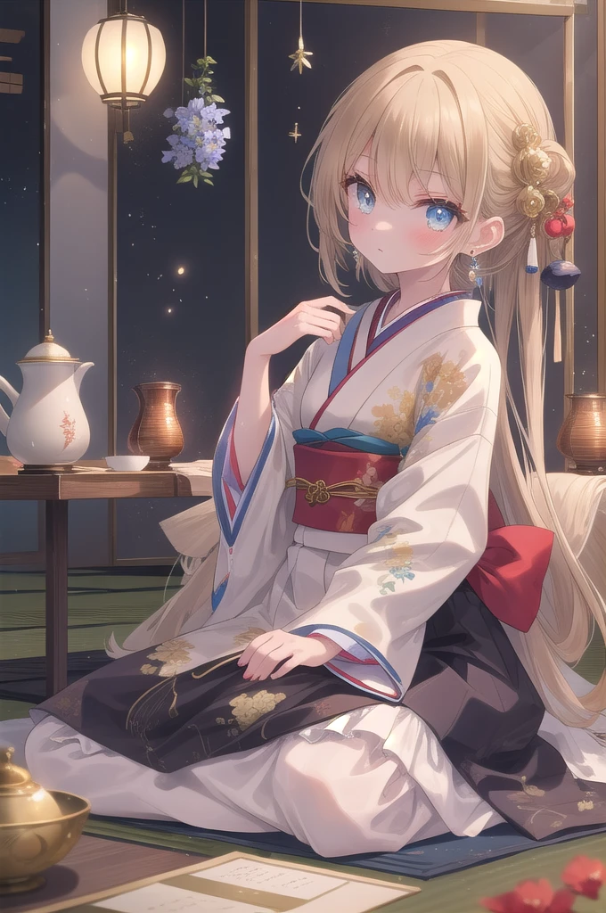 (masterpiece, best quality:1.3), 1 girl, solo, teenager,(top quality eyes:1.3),A 15-year-old girl with dark blonde hair is sitting in a traditional Japanese room at home, seated in a "wariza" pose. Behind her, beautiful shoji screens add to the serene ambiance. Her eyes are a deep blue, and small pearl earrings glisten on her ears. She has a calm expression, relaxing with her favorite japanese tea set in front of her.