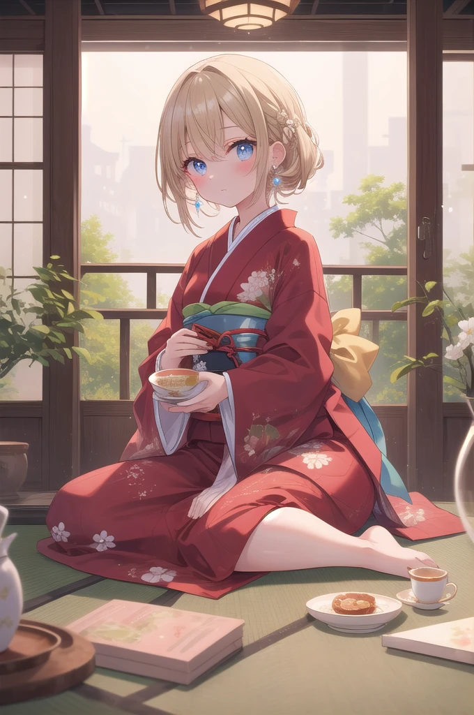(masterpiece, best quality:1.3), 1 girl, solo, teenager,(top quality eyes:1.3),A 15-year-old girl with dark blonde hair is sitting in a traditional Japanese room at home, seated in a "wariza" pose. Behind her, beautiful shoji screens add to the serene ambiance. Her eyes are a deep blue, and small pearl earrings glisten on her ears. She has a calm expression, relaxing with her favorite japanese tea set in front of her.