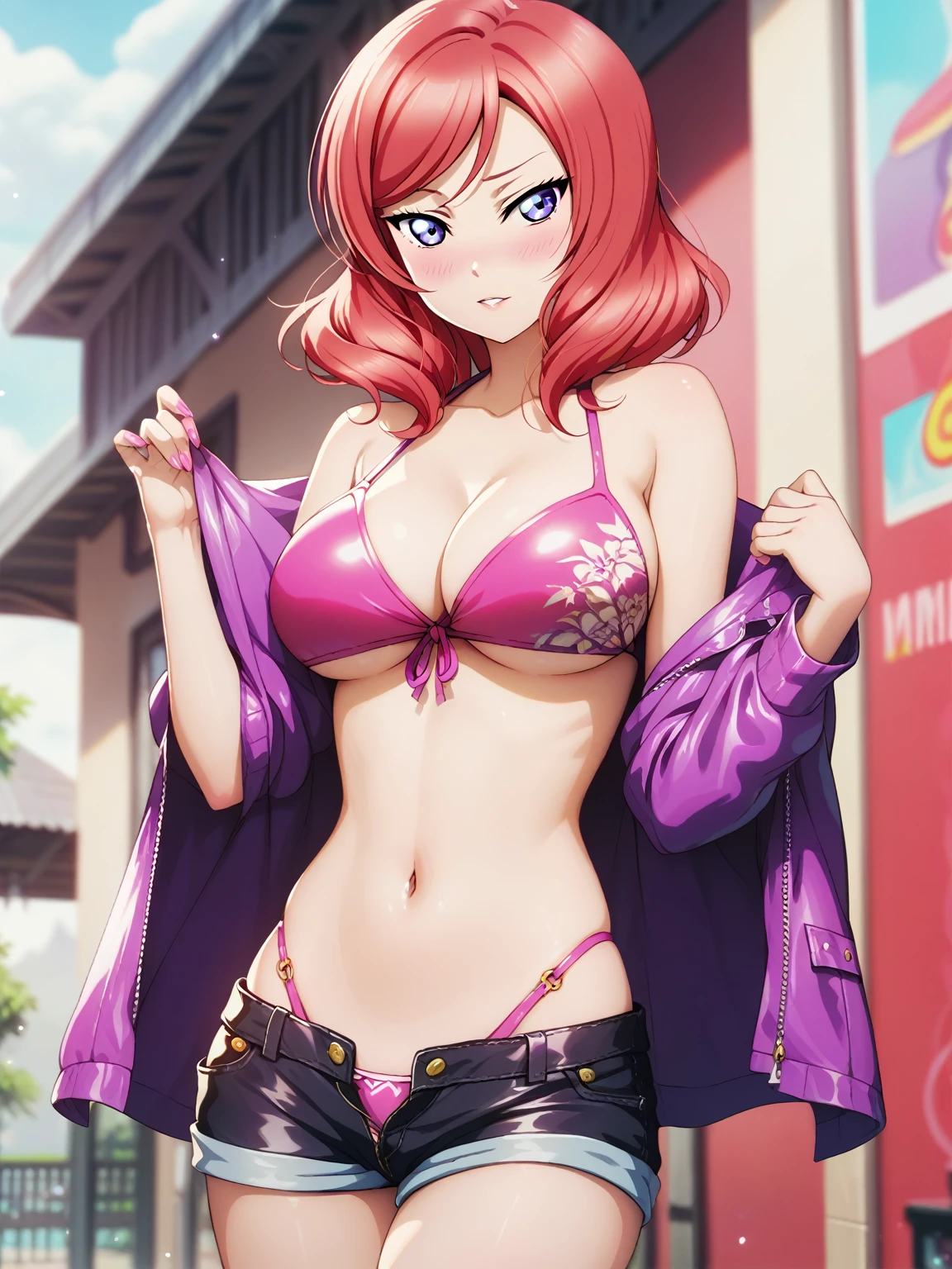 masterpiece, best quality,8k wallpaper, nishikino maki,red hair, purple eyes,pink bikini top, purple mini shorts, blushing ,big breasts , standing 