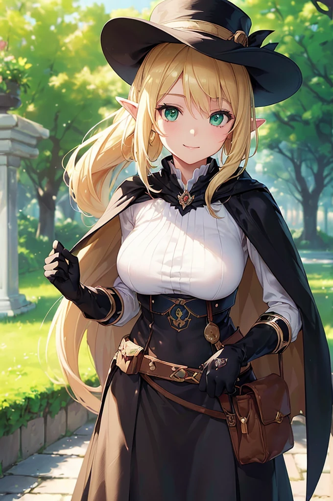(((masterpiece; best quality: 1.2))), (finely detailed eyes: 1.3), (25 year old elf woman), (solo), (green eyes: 1.4), (body; buxom, fit, femenine: 1.3), (silky blonde hair in low ponytail: 1.3), (beautiful and clear background: 1.2), ((depth of field)), (equipment: adventurer attire + modest + wide-brimmed hat with flowers + black blouse + black cape + black long skirt + gloves + belt + pouches: 1.3), (anime illustration: 1.2), (background composition; royal garden: 1.1), (extremely fine and beautiful: 1.1), (shot composition; standing + centered on torso + close-up: 1.5), (expression; calm, smile: 1.2)