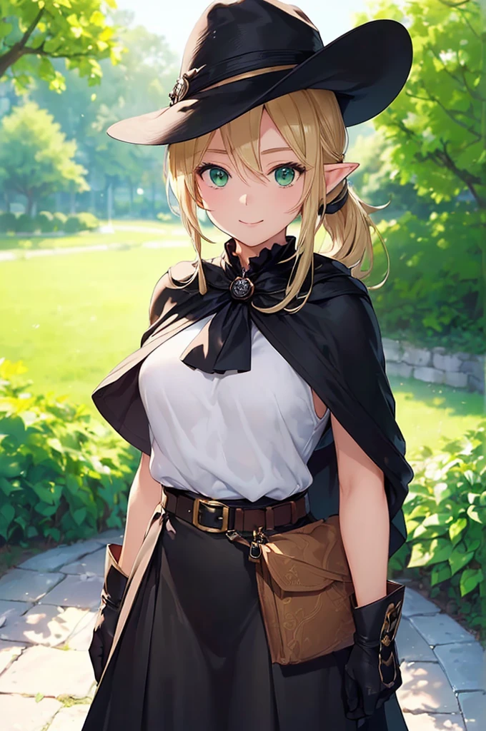 (((masterpiece; best quality: 1.2))), (finely detailed eyes: 1.3), (25 year old elf woman), (solo), (green eyes: 1.4), (body; buxom, fit, femenine: 1.3), (silky blonde hair in low ponytail: 1.3), (beautiful and clear background: 1.2), ((depth of field)), (equipment: adventurer attire + modest + elegant wide-brimmed hat + black blouse + black cape + black long skirt + gloves + belt + pouches: 1.3), (anime illustration: 1.2), (background composition; royal garden: 1.1), (extremely fine and beautiful: 1.1), (shot composition; standing + centered on torso + close-up: 1.5), (expression; calm, smile: 1.2)