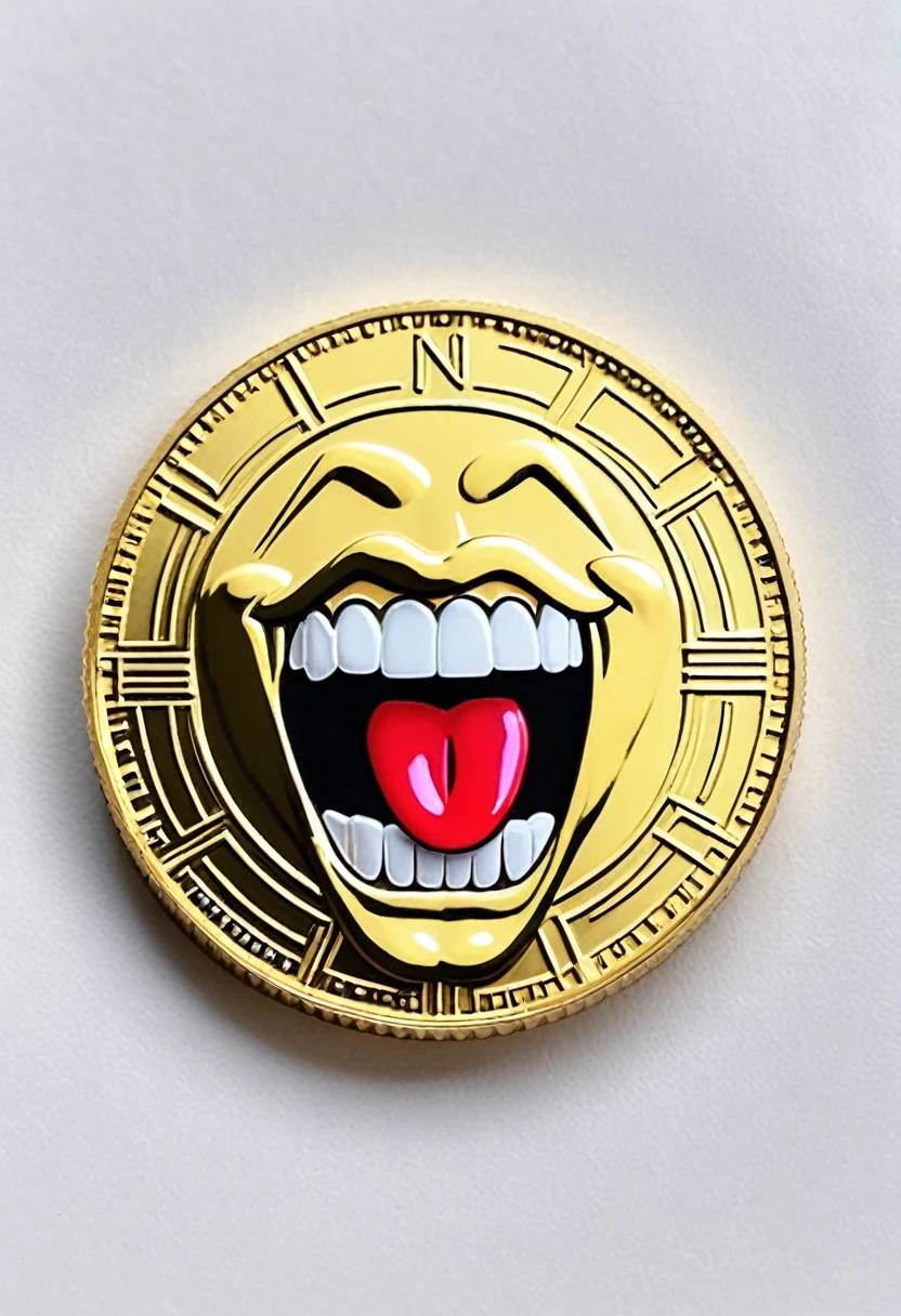 low quality、Pop Art、（One coin）、The coin has a mouth、Only a mouth、Teeth are visible、gold、Logo、central、big、Background is white、Don&#39;t include humans