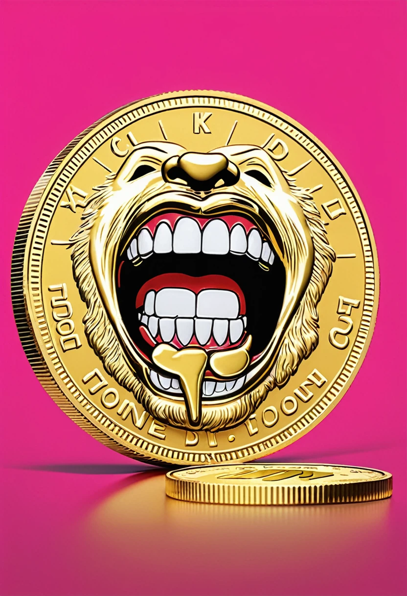 low quality、Pop Art、（One coin）、The coin has a mouth、Only a mouth、Teeth are visible、gold、Logo、central、big、Background is white、Don&#39;t include humans