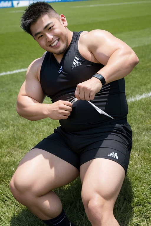 ((highest quality)), ((masterpiece)), (detailed), ((Perfect Face)), 4k, Shaved head, Young Japanese, Muscular, Fat body, Very big man, smile, ((showing off crotch)) A large Japanese man shirtless、whole body、Rugby player、Thick legs、Thick arm muscles、Intimidating、whole body、((wearing a very tight and very short black-shorts)), (shirtless), At the rugby field, haka dance, (Sit on the grass and spread thighs very wide),