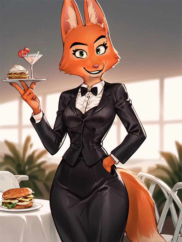 score_9, score_8_up, score_7_up, score_6_up, score_5_up, score_4_up, 
Diane_Foxington, ginger fur, emerald eyes, black lipstick, black eyebrows, silver piercings on eyebrow, fox tail, (((black skirt suit))), (((tuxedo))), (((three-piece suit))), (((dress shirt))), (((black bowtie))), (((black blazer))), (((dinner jacket))), ((waistcoat)), double-breasted waistcoat, (((satin bodycon miniskirt))), high heels, pocket square, cufflinks, smirk, looking at viewer, 
