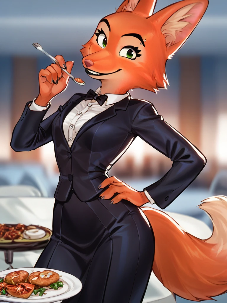 score_9, score_8_up, score_7_up, score_6_up, score_5_up, score_4_up, 
Diane_Foxington, ginger fur, emerald eyes, black lipstick, black eyebrows, silver piercings on eyebrow, fox tail, (((black skirt suit))), (((tuxedo))), (((three-piece suit))), (((dress shirt))), (((black bowtie))), (((black blazer))), (((dinner jacket))), ((waistcoat)), double-breasted waistcoat, (((satin bodycon miniskirt))), high heels, pocket square, cufflinks, smirk, looking at viewer, 
